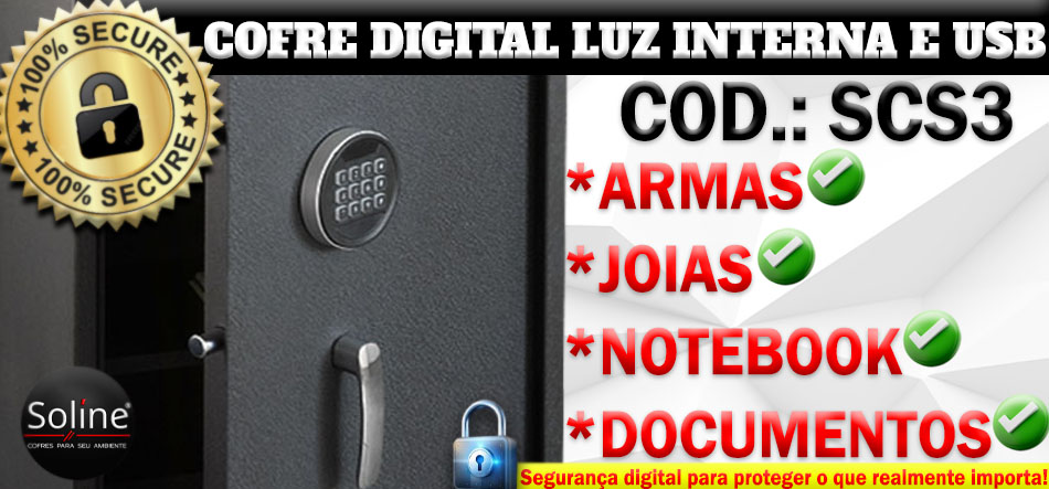 Cofre Digital SCS3 com Luz Interna LED e entrada USB, painel eletrônico moderno, ideal para proteger documentos, joias, dinheiro e objetos de valor em residências e escritórios.
