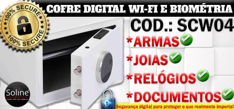 Cofre Digital SCW04 com Wi-Fi e biometria em aço reforçado, design branco moderno e sistema de segurança eletrônico.